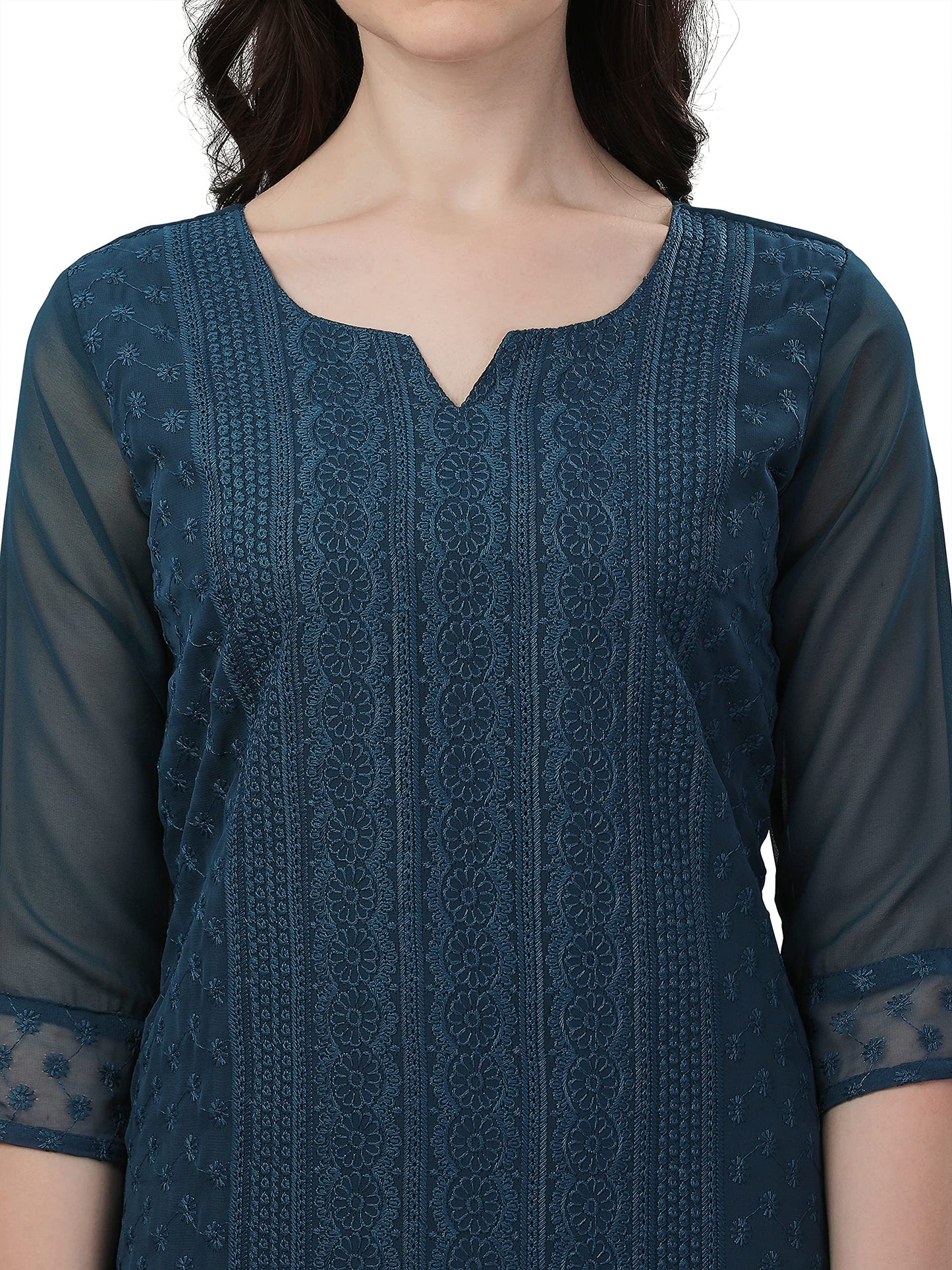 Fashion2Wear WomenS Georgette Kurti With Notch Neck 3/4Th Sleeves Knee Length Solid Pattern Chikankari Embroidery Work And Regu