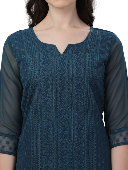 Fashion2Wear WomenS Georgette Kurti With Notch Neck 3/4Th Sleeves Knee Length Solid Pattern Chikankari Embroidery Work And Regu