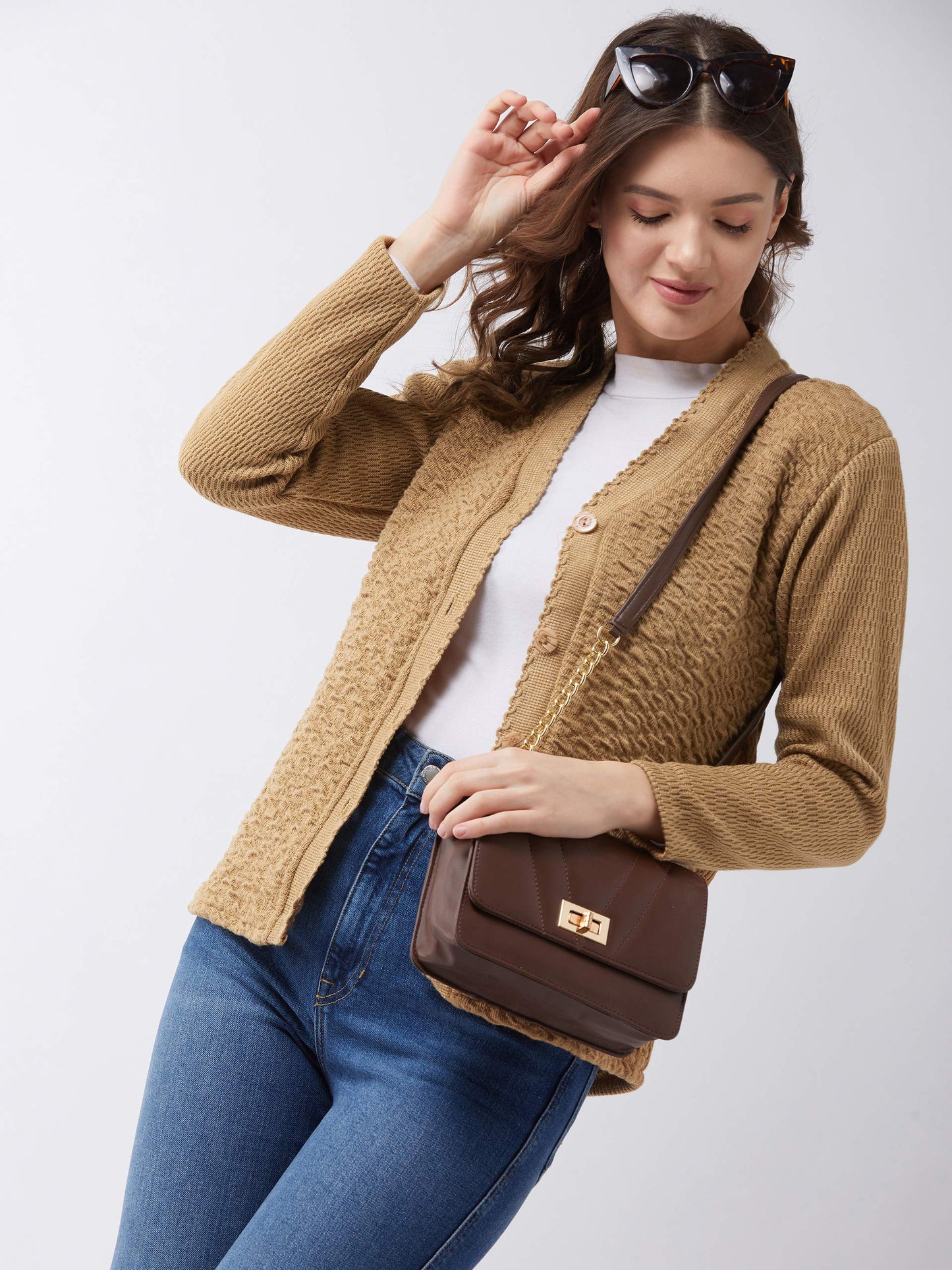 Pivl Womens Blended V-Neck Cardigan Sweater (PV502_Camel