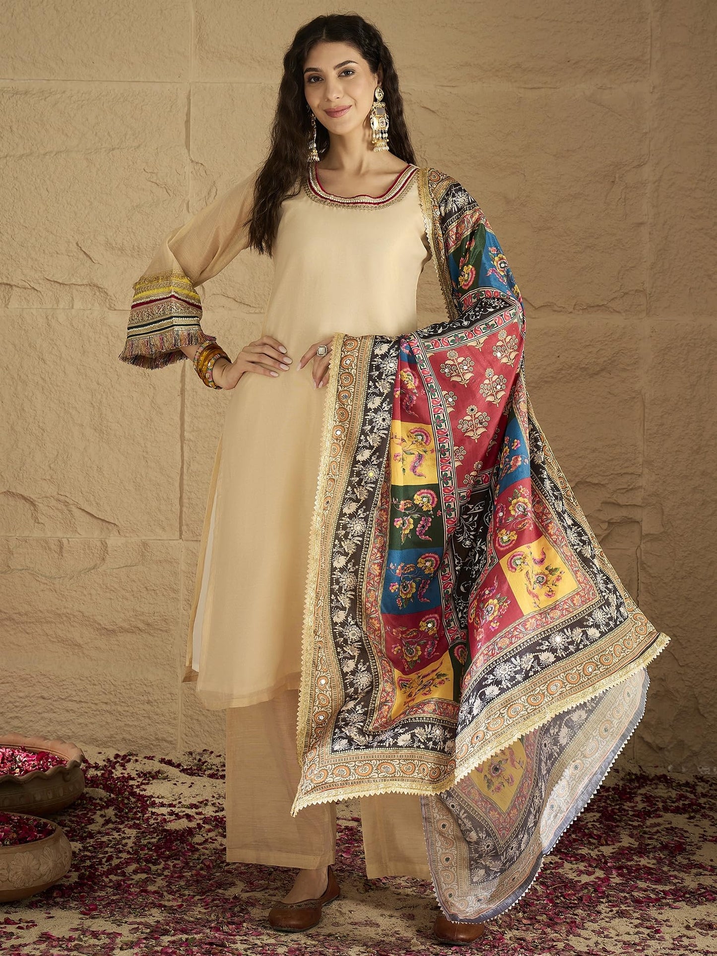 Varanga Women Elegant Beige Shimmer Kurta Set With Intricate Lace Detailing, Paired With Solid Trousers And Patola Printed Dupat