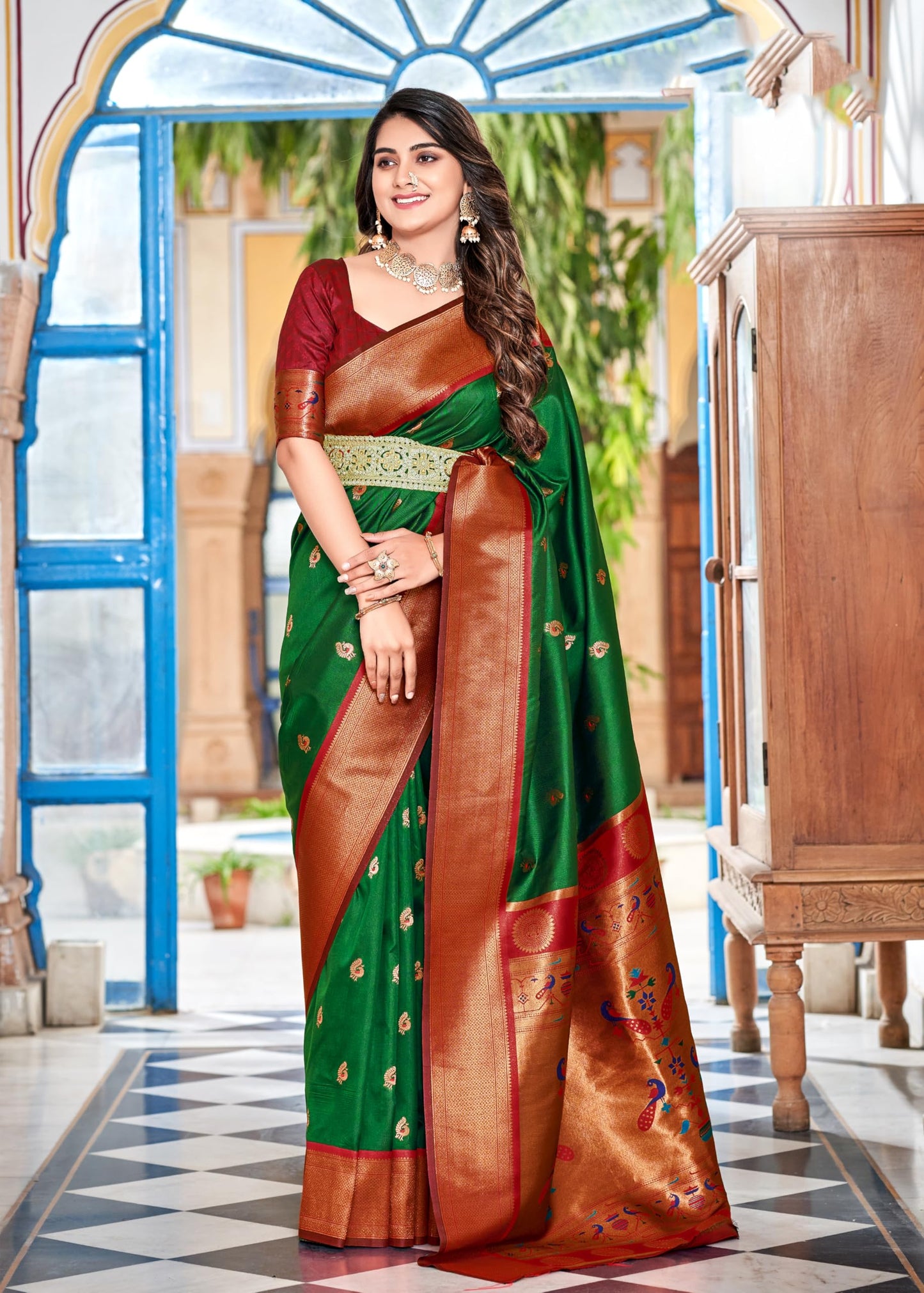 Pujia Mills WomenS Banarasi Golden Zari Woven Saree For Wedding South Indian Ethnic Wear Saree Peshwai Woven Zari Pure Paithani