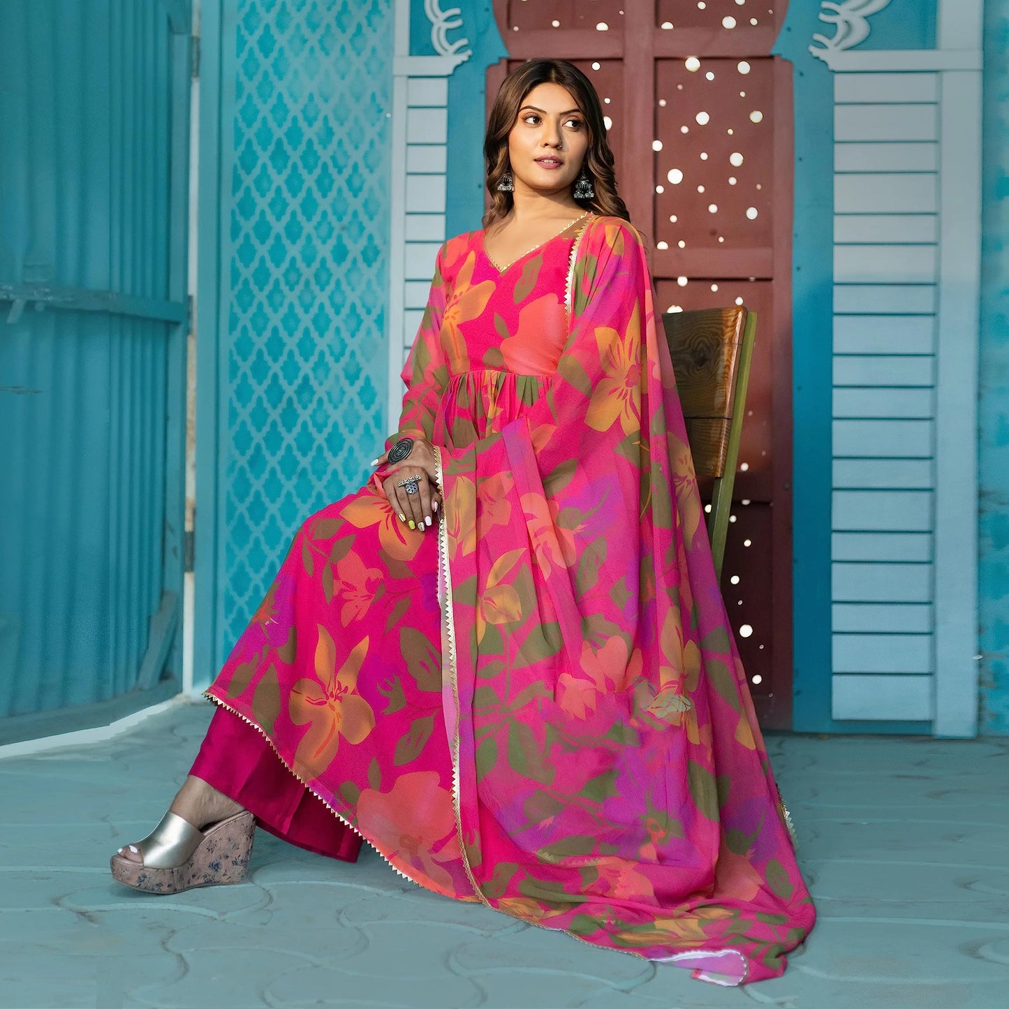 GoSriKi Women's Rayon Anarkali Printed Kurta with Pant & Dupatta