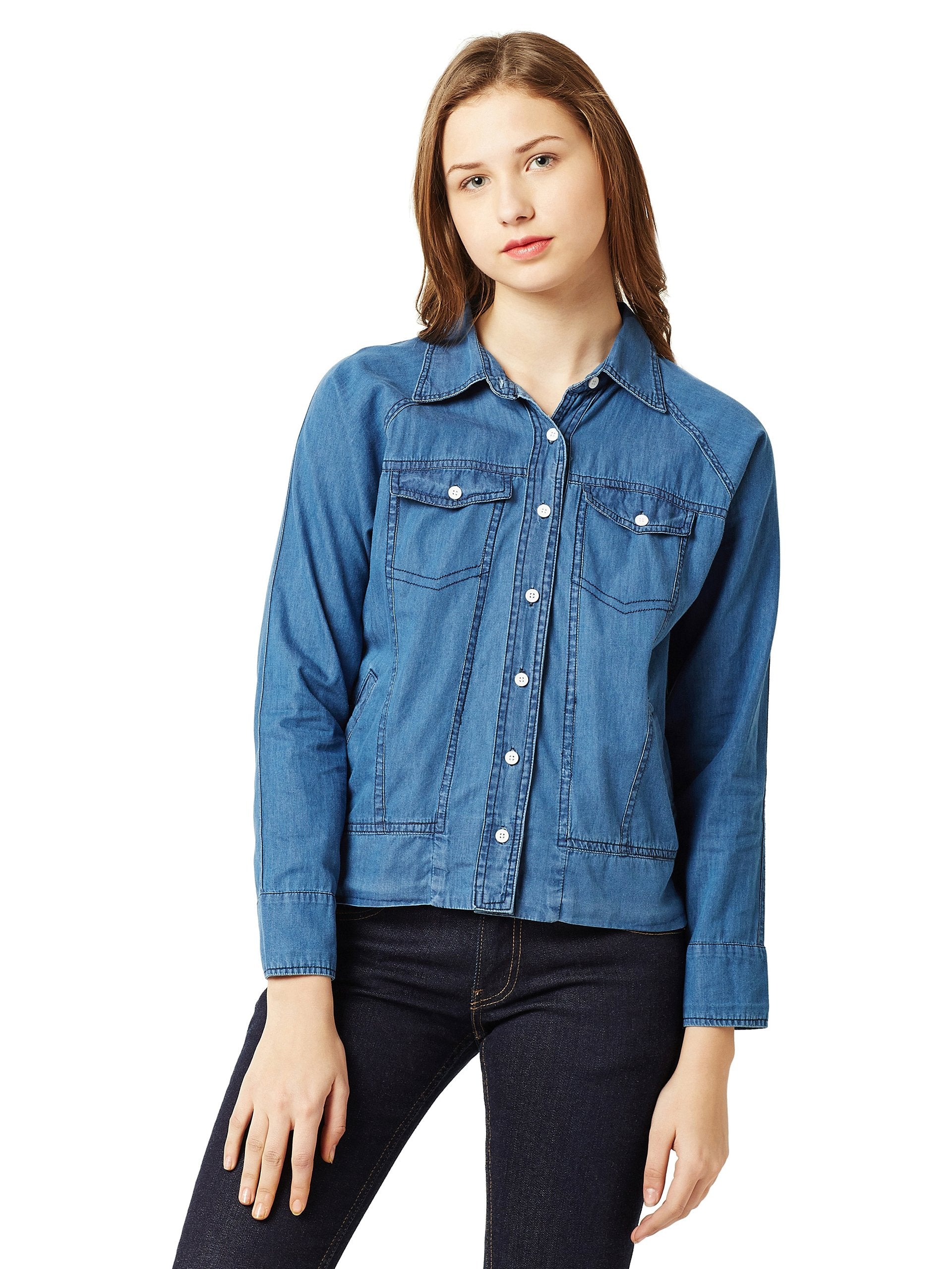 Miss Chase Womens Collared Polo Neck Full Sleeve Buttoned Denim Bomber Jacket (MCSS25DEN68-60-424-05, Chlorine blue, L)