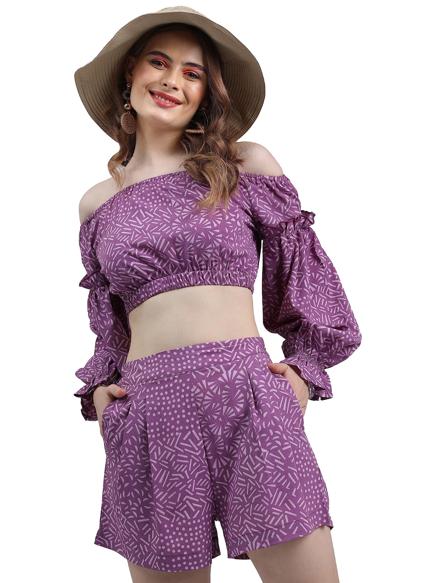 Ketch Women Polyester Printed Western Casual Fit Co-Ord Set Standard Length Playwear Dress (Khce000054_Lavender_Xs)