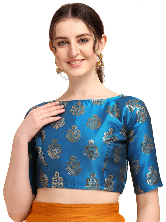 Oomph! WomenS Indian Ethnic Wear Designer Floral Pattern Zari Work Boat Neck Half Sleeve Readymade Non - Padded Blouse For Sare