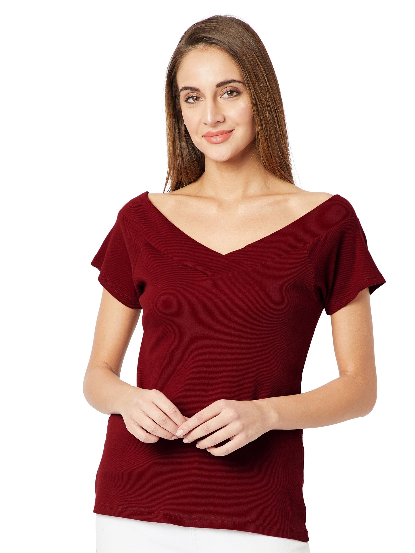 Miss Chase WomenS Maroon V-Neck Top(Mcpw16Tp02-95-143-02_Maroon_X-Small)