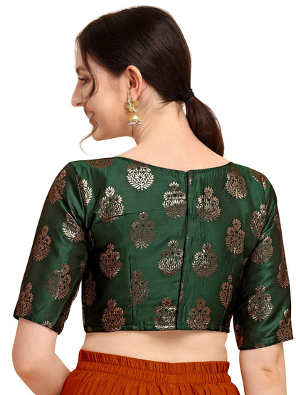 Oomph! WomenS Indian Ethnic Wear Designer Floral Pattern Zari Work Boat Neck Half Sleeve Readymade Non - Padded Blouse For Sare