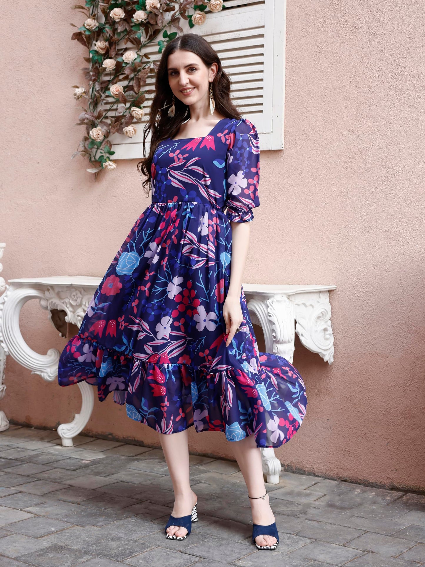 SMOWKLY Womens Georgette Floral Printed Indo-Western Ethnic Gown || Half Sleeve V Neck Fit & Flare Flared Hem Design || Casual
