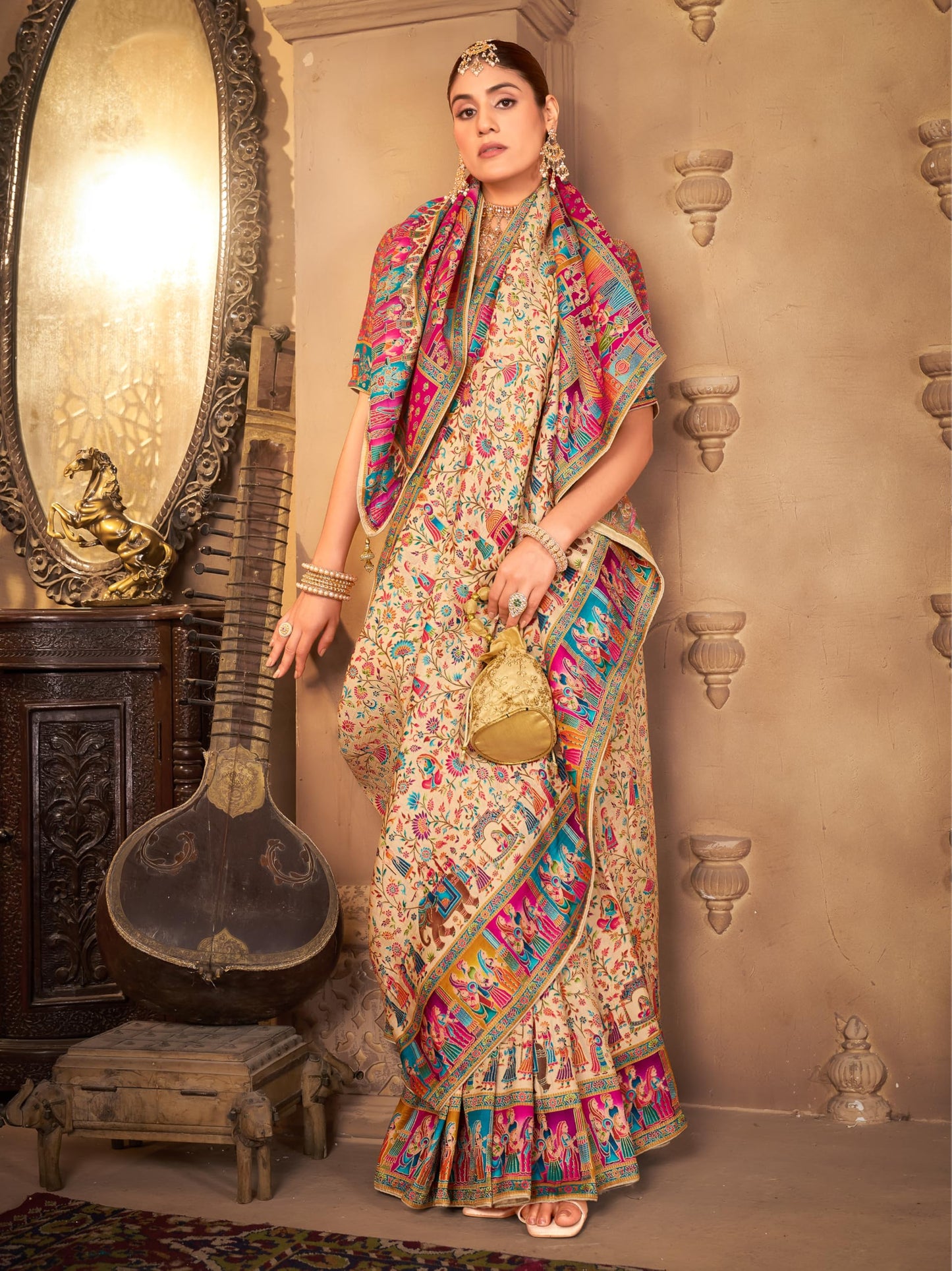 Glory Sarees WomenS Luxurious Dola Pure Silk Original Saree Position Print Work Madhubani Inspired Motifs Banarasi Kanjivaramwil