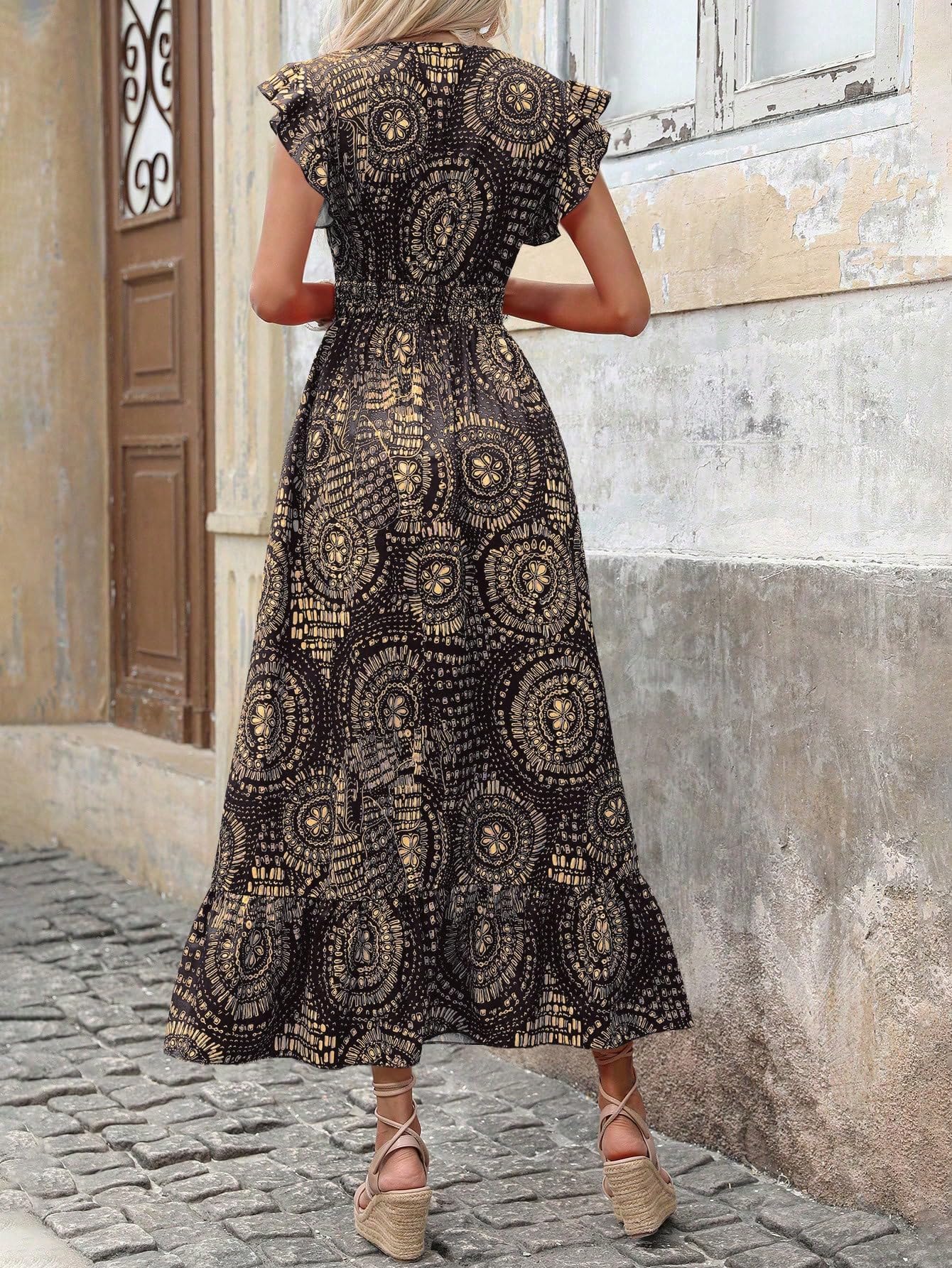 Shasmi Womens & Girls Boho Black V-Neck Printed Dress with Ruffled Hem and Belted Waist for Vacation, One Piece Maxi for Women