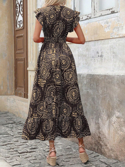 Shasmi Womens & Girls Boho Black V-Neck Printed Dress with Ruffled Hem and Belted Waist for Vacation, One Piece Maxi for Women