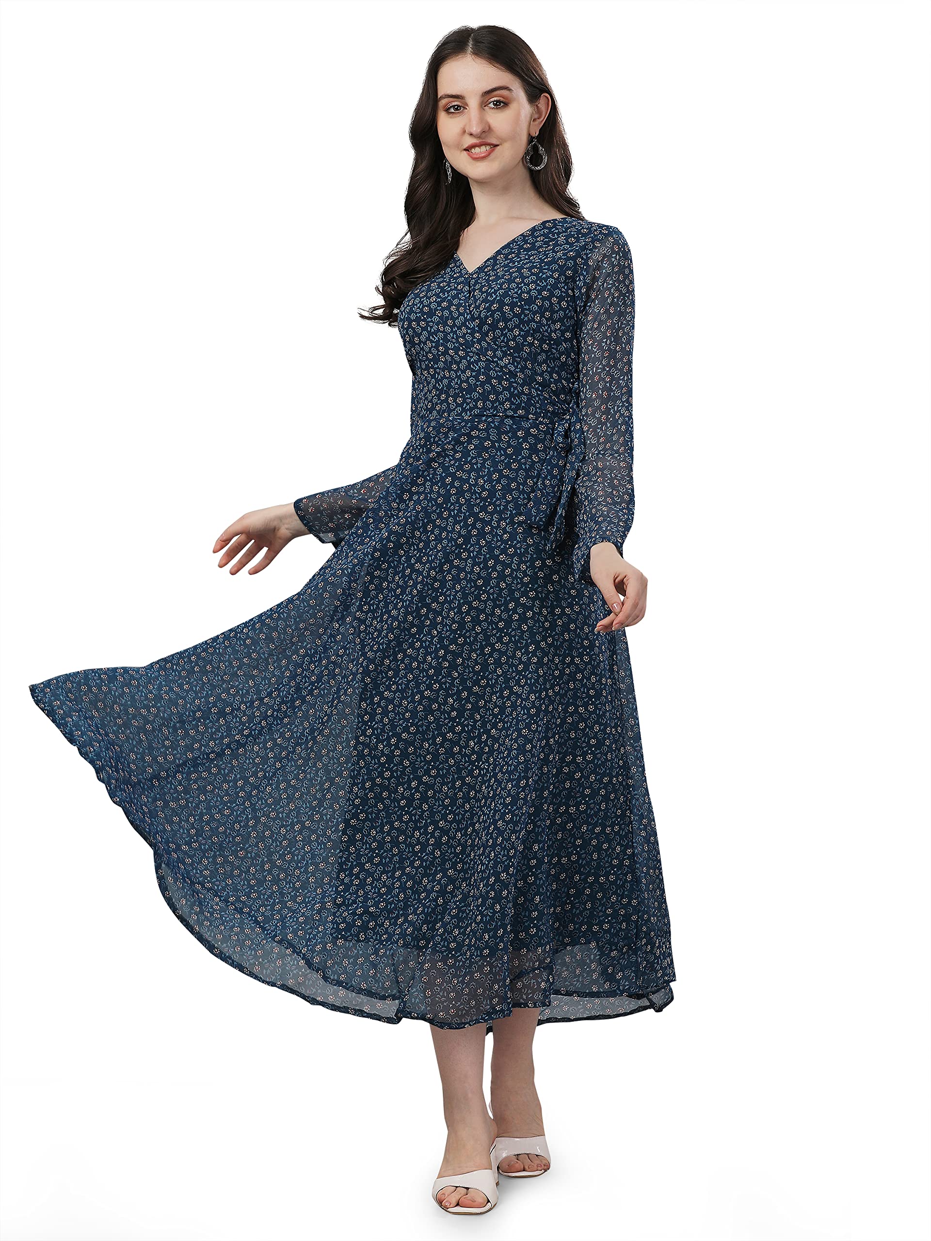 Trillmixa WomenS Georgette Midi Dress With Floral Printed Pattern Long Sleeves Knee Length V Neck A Line Style And Regular Fit