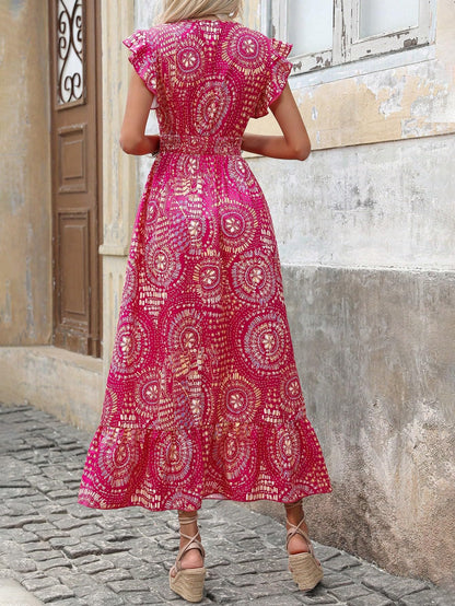 Shasmi Womens & Girls Boho Hot Pink V-Neck Printed Dress with Ruffled Hem and Belted Waist for Vacation, One Piece Maxi for Wo