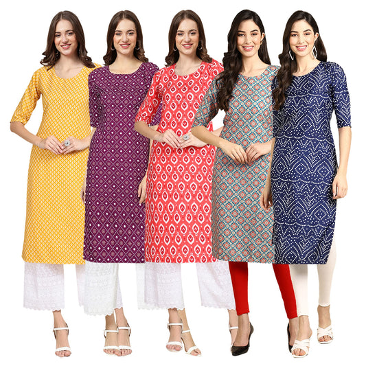 Pinkmint Women's Crepe Digital Print Straight Kurta{Pack of 5}[WP-346-348-349-369-353]