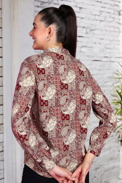 POPWINGS Printed Full-Sleeves Regular-Fit Polyester Printed Shirt for Women Stylish Western Casual Wear