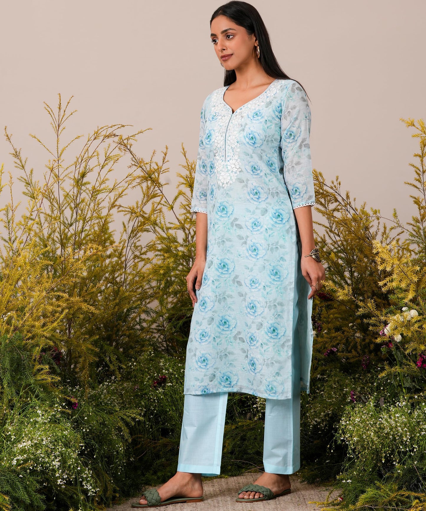 Libas Womens Printed Linen Straight Kurta With Trousers And Dupatta