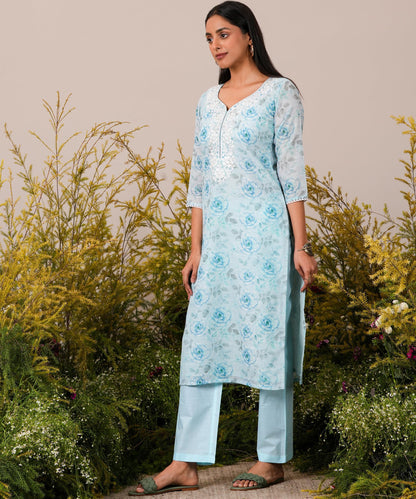 Libas Womens Printed Linen Straight Kurta With Trousers And Dupatta