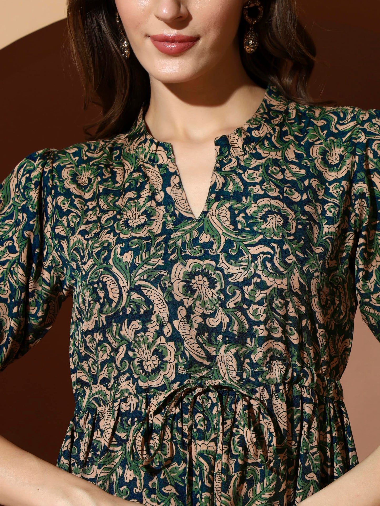 Kzully | Dress For Women | Midi Dress | Floral Printed | Polyester Fabric | Bell Sleeve Ethnic A-Line | Tiered Fit & Flare | Cas