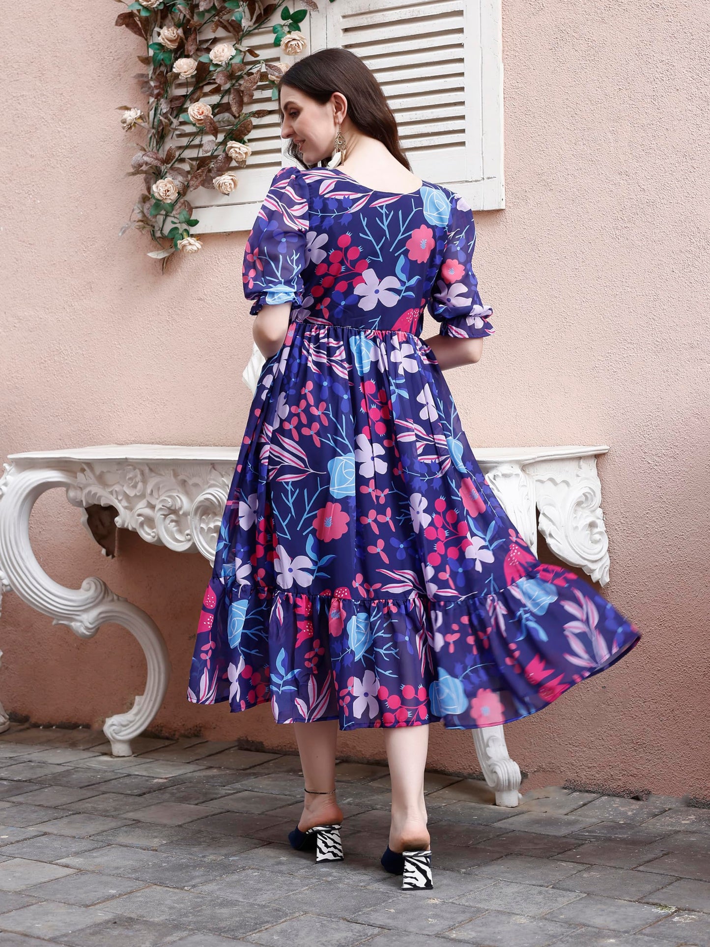 SMOWKLY Womens Georgette Floral Printed Indo-Western Ethnic Gown || Half Sleeve V Neck Fit & Flare Flared Hem Design || Casual