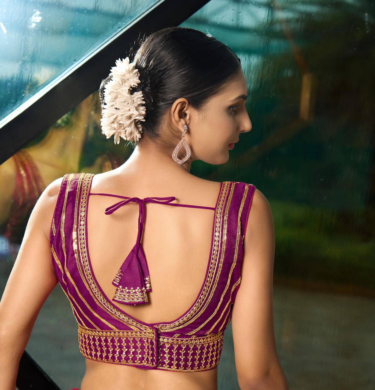 Pujia Mills Womens Readymade Blouse Embroidery Multi Coding Gold Thread Indian Ethnic Designer Stitched Readymade Saree Sleevel