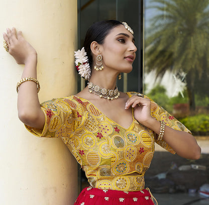 Pujia Mills WomenS Blouse Readymade Blouse Embroidery Multi Coding Gold Thread Blouses Handwork Yellow Color Readymade Saree Bl