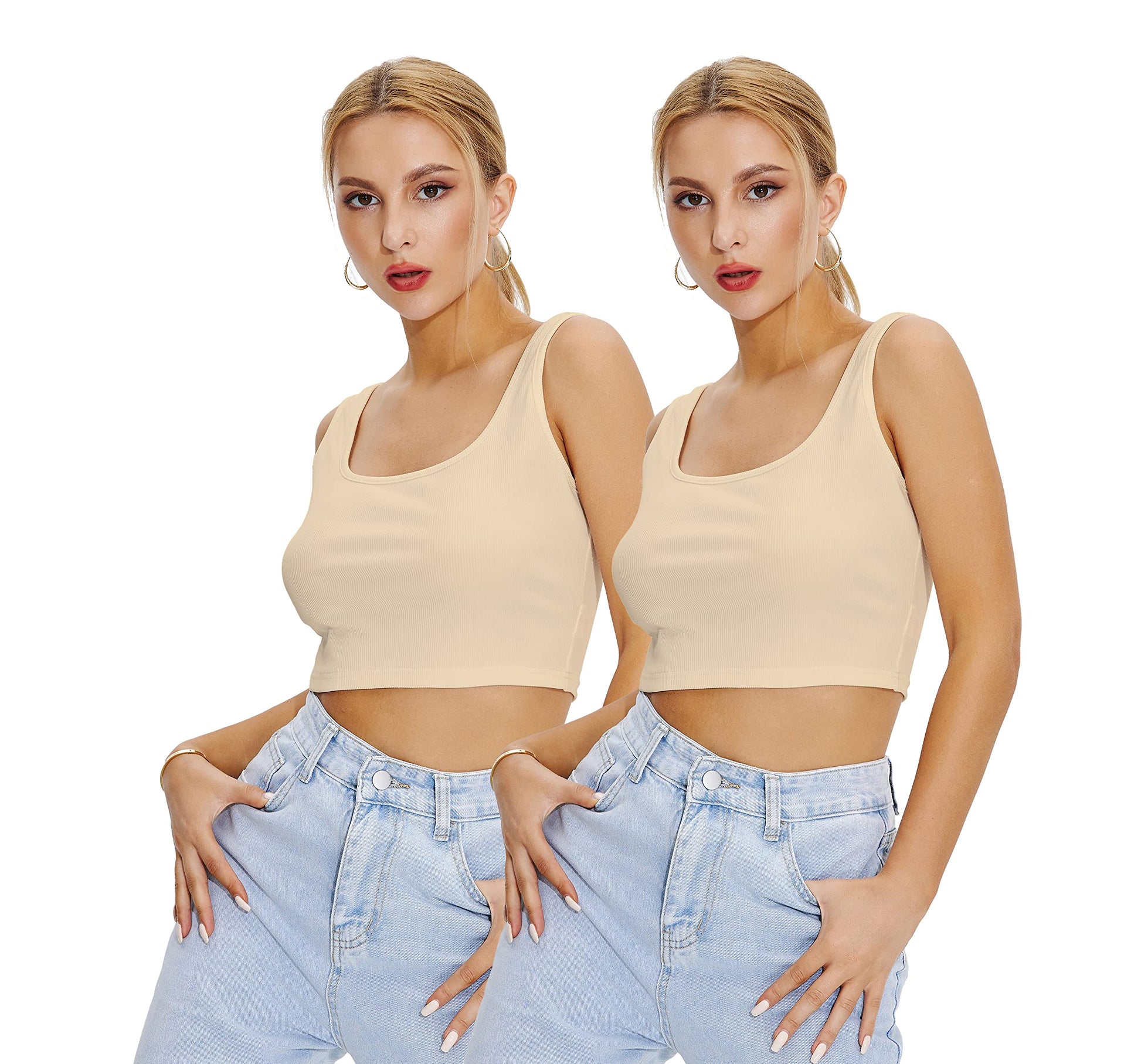 Shasmi Womens & Girls Solid Ribbed Square Neck Collarless Sleeveless Slim Fit Simplicity Tank Tops (Pack of 2) (TOP 36 Skin Sk