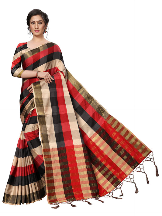 Gosriki WomenS Black Color Ikkat Cotton Silk Checks Saree Border Tassels With Blouse Piece(Upada Black_Free Size)