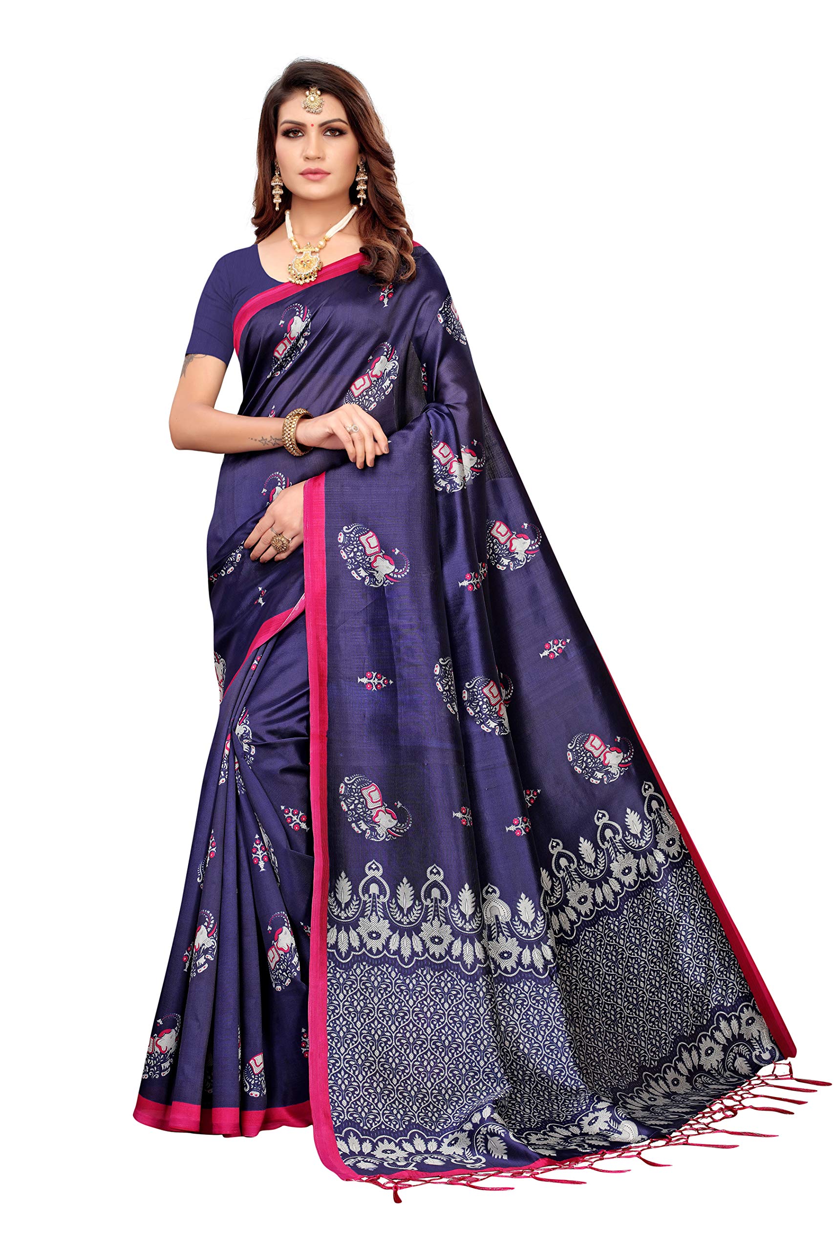 Anni Designer WomenS Blue Color Mysore Silk Printed Saree Border Tassels With Blouse Piece(Jalasa-Hathi-Blue_Free Size)