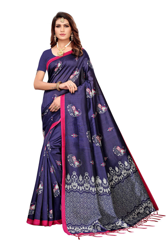 Anni Designer WomenS Blue Color Mysore Silk Printed Saree Border Tassels With Blouse Piece(Jalasa-Hathi-Blue_Free Size)