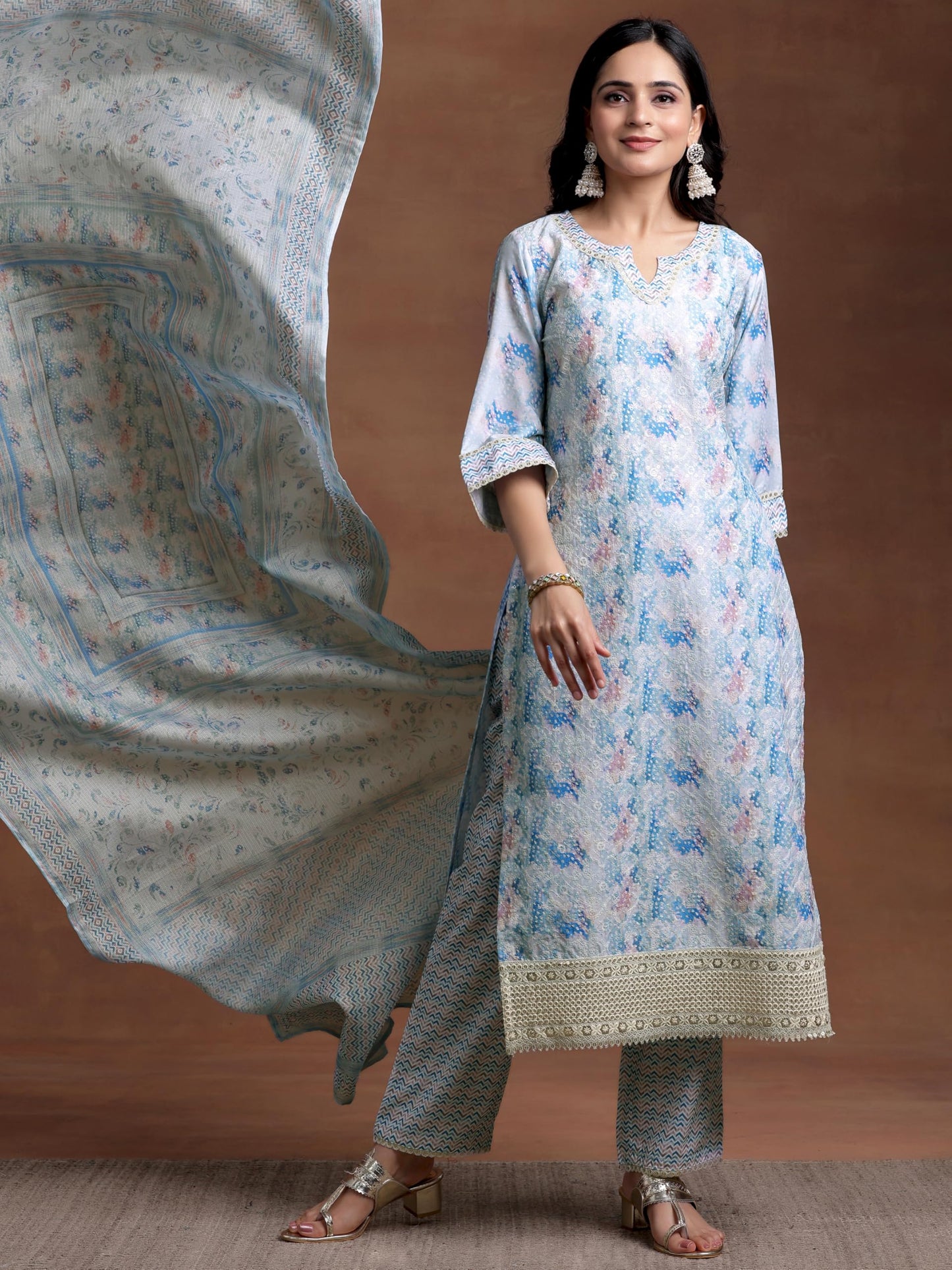 Libas Womens Embroidered Cotton Blend Straight Kurta With Palazzos And Dupatta