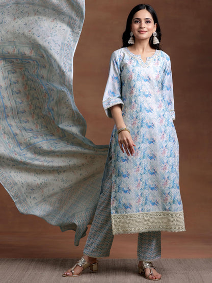 Libas Womens Embroidered Cotton Blend Straight Kurta With Palazzos And Dupatta