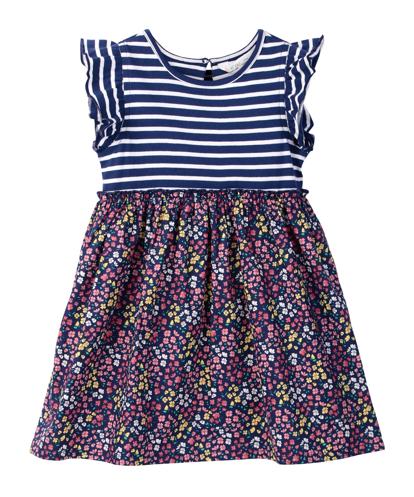 MIX-MEDIA RUFFLE SLEEVE DRESS NAVY