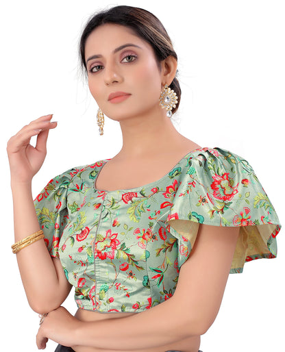 Pujia Mills WomenS Multicolor Butterfly Floral Print Pattern Ruffle Sleeve Readymade Saree Blouse