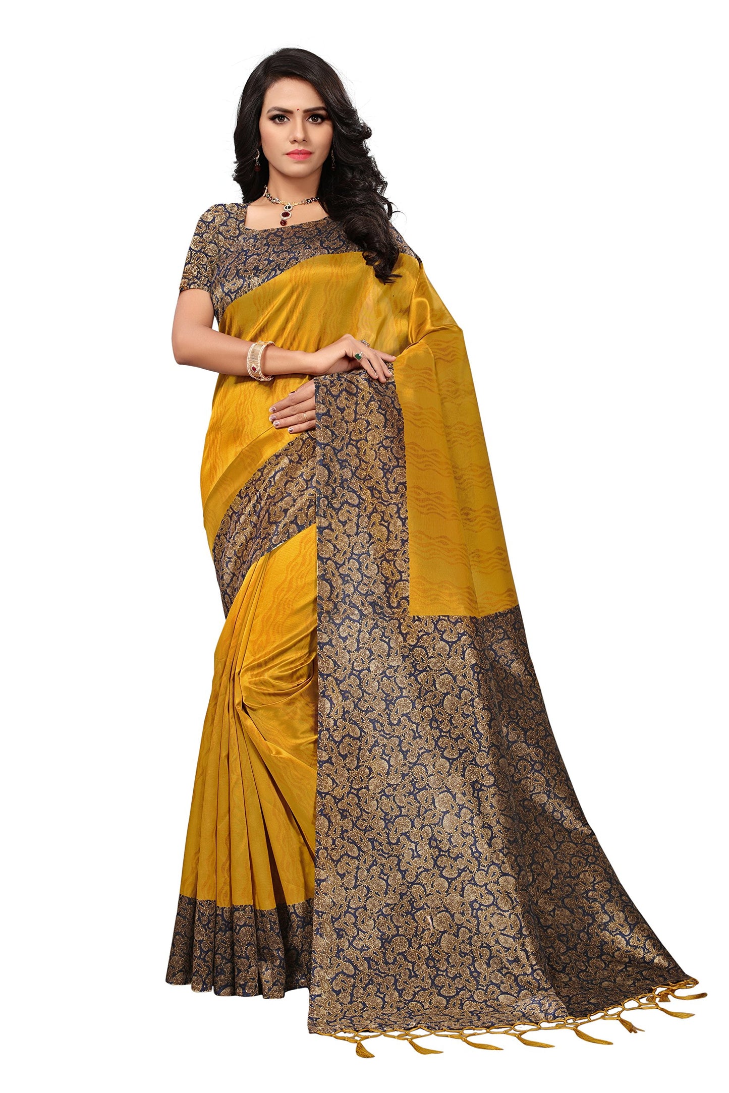 ANNI DESIGNER Womens Saree Mysore Silk Mustard & Multi Printed With Tassels Border Saree With Blouse