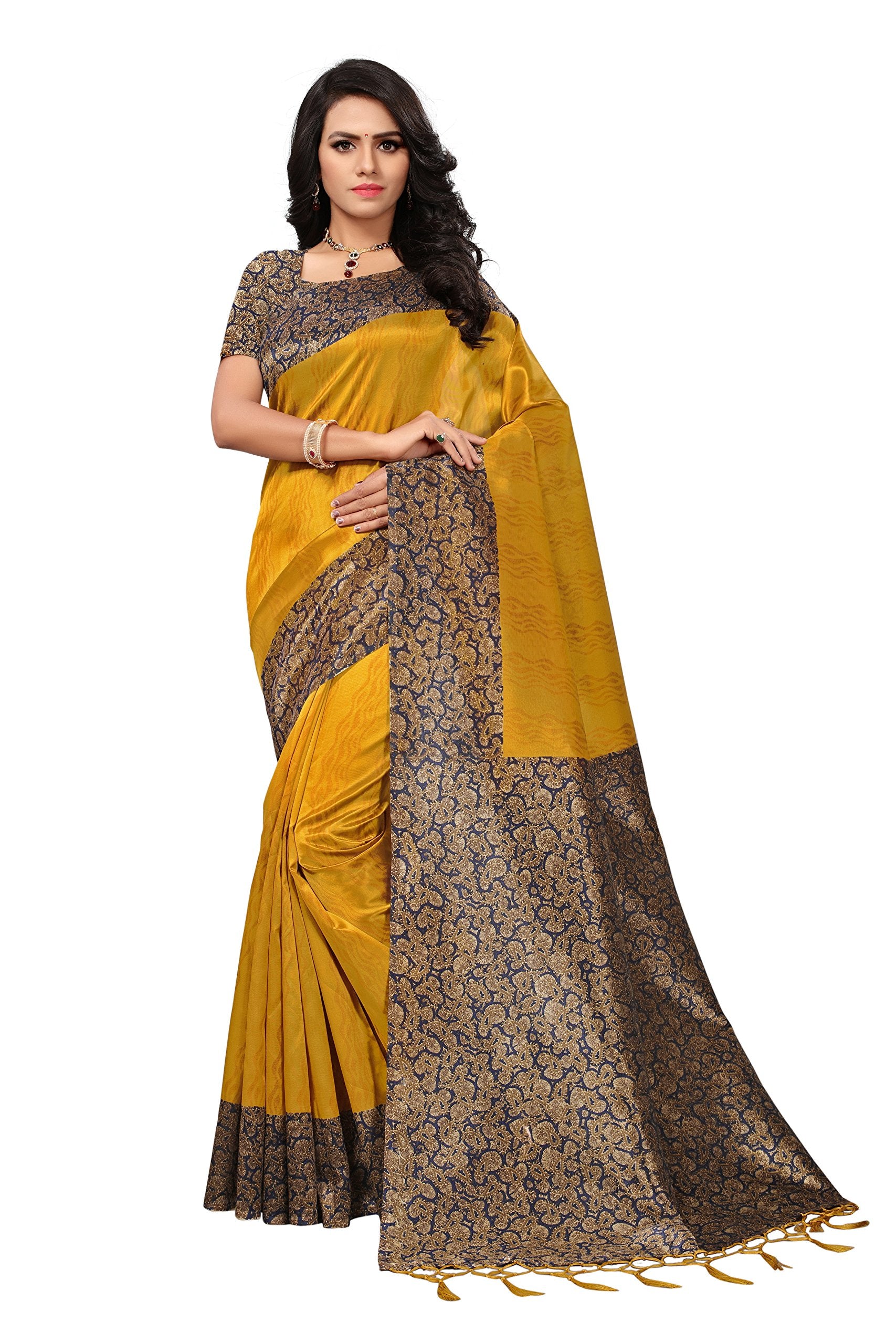 ANNI DESIGNER Womens Saree Mysore Silk Mustard & Multi Printed With Tassels Border Saree With Blouse