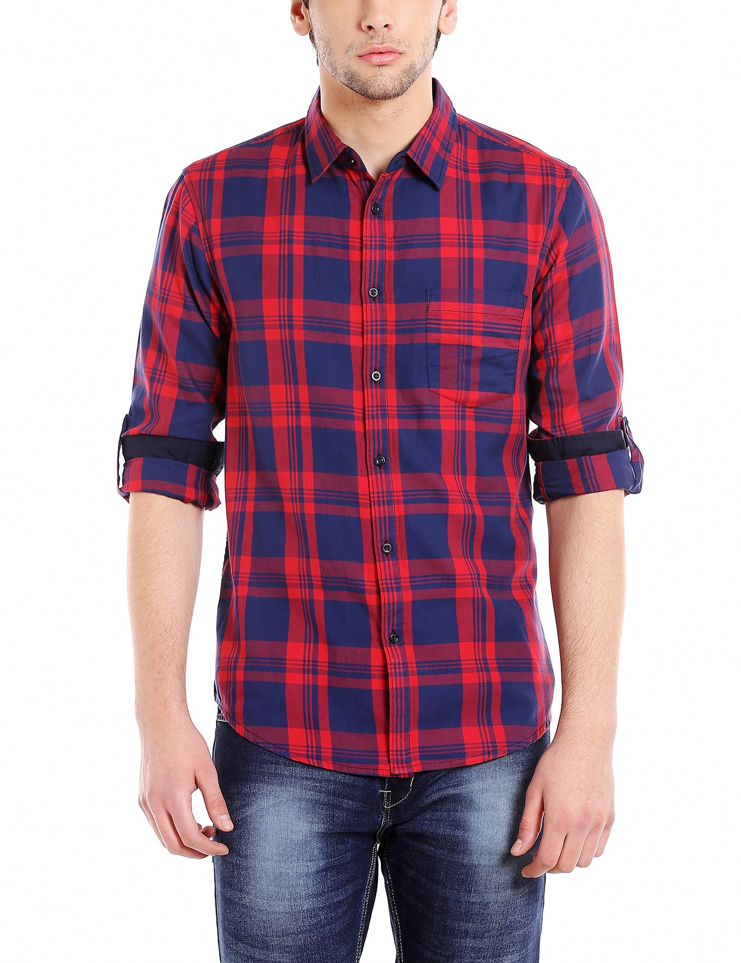 Dennis Lingo MenS Red Checkered Full Sleeves Slim Fit Cotton Casual Shirt