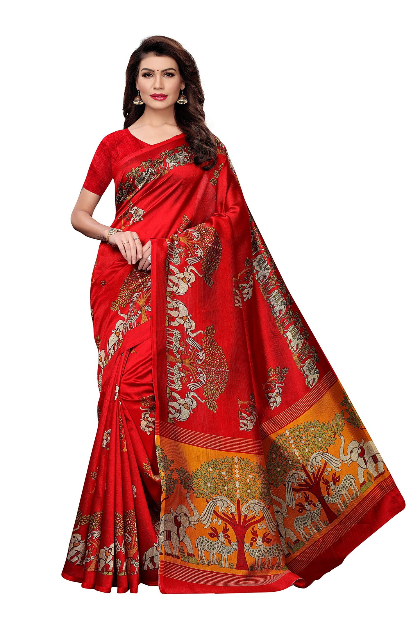ANNI DESIGNER Womens Red Color Kalamkari Silk Printed Saree With Blouse Piece(JUNGAL-ELEPHANT-RED_Free Size)
