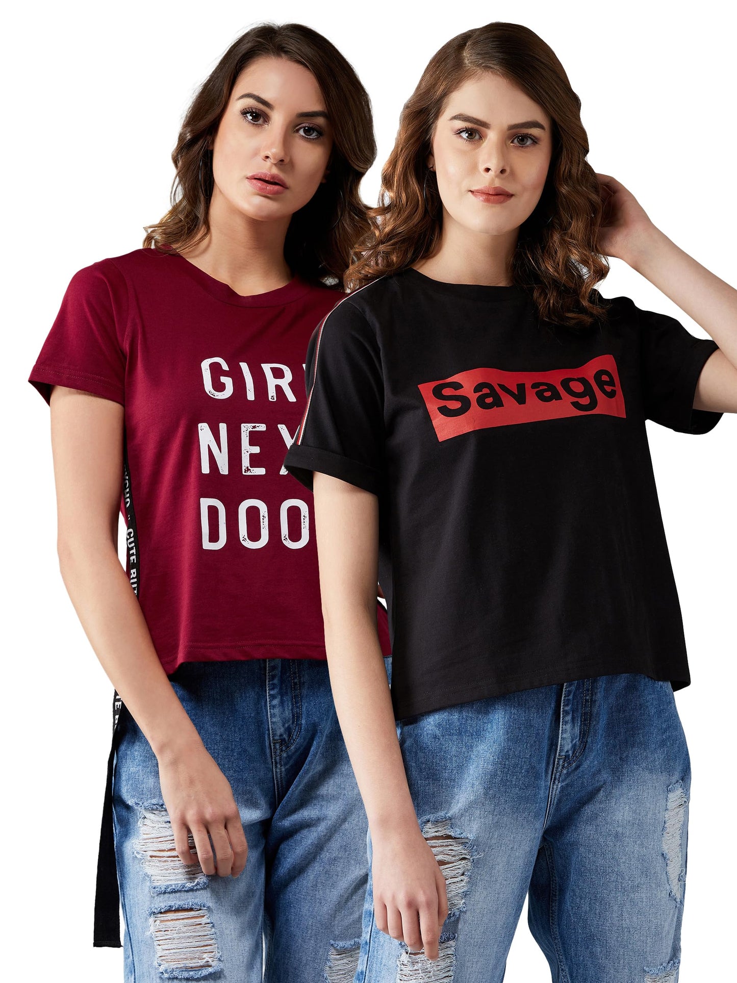 Miss Chase WomenS Cotton Round Neck Short Sleeve Knitted Printed Cropped Pack Of Two T-Shirt. (Mcss20Co04-31-147-02, Black & Ma