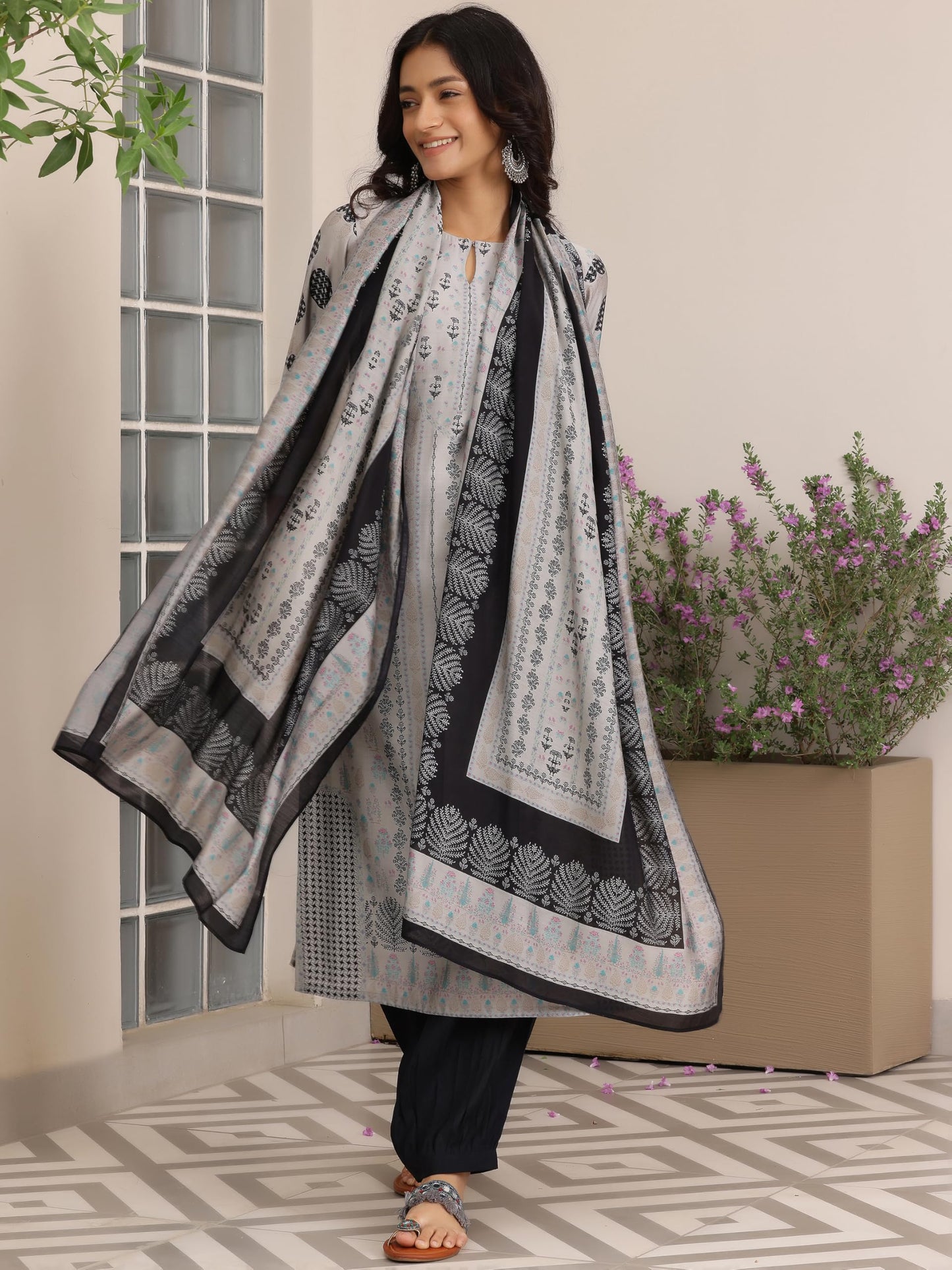 Libas Womens Printed Silk Blend Straight Kurta With Salwar And Dupatta