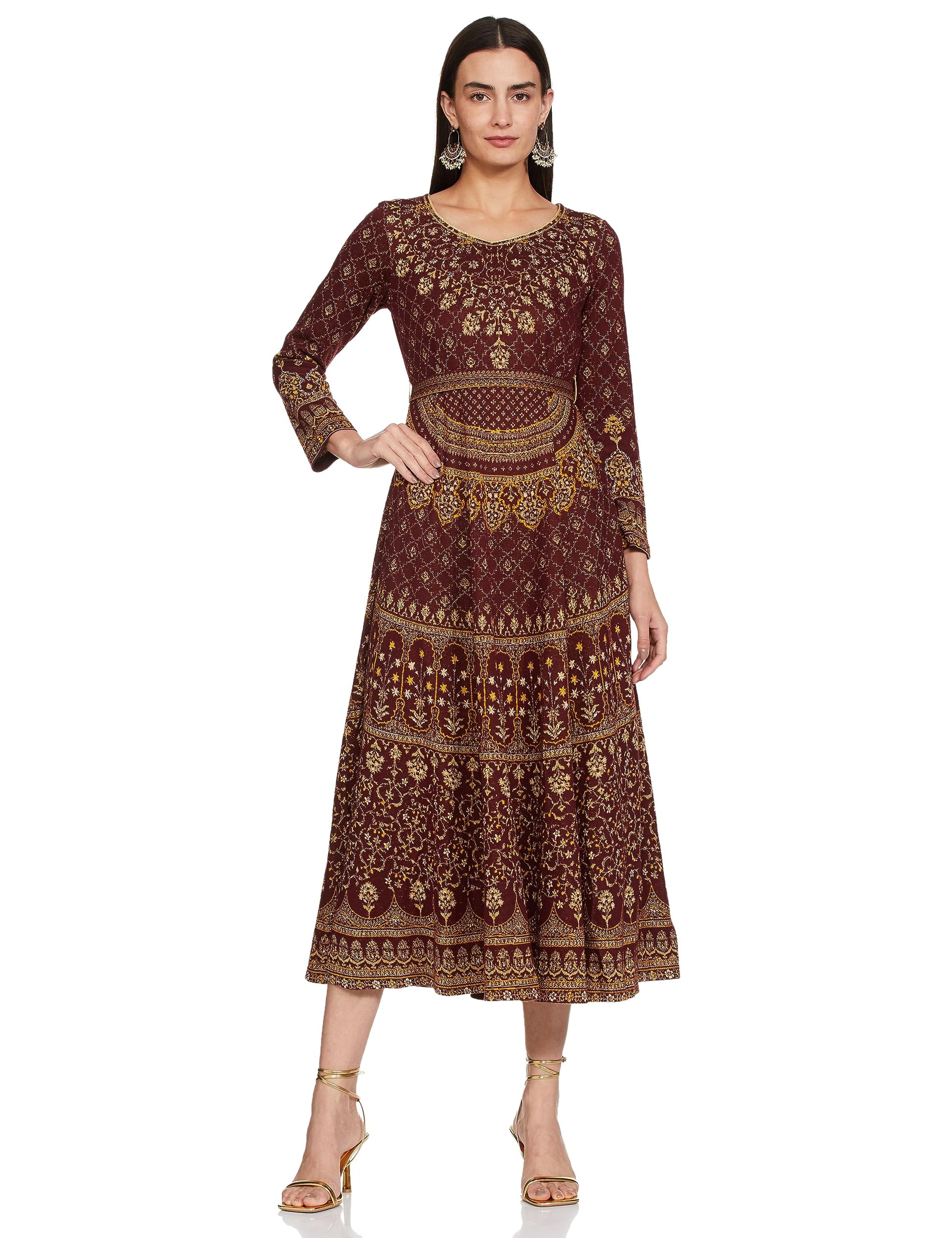 Aurelia Women Maroon Cotton Blend Geometric Yarn Dyed A-Line Dress_22Noa13698-703744_M