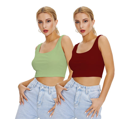 Shasmi Womens & Girls Solid Ribbed Square Neck Collarless Sleeveless Slim Fit Simplicity Tank Tops (Pack of 2) (TOP 36 Maroon