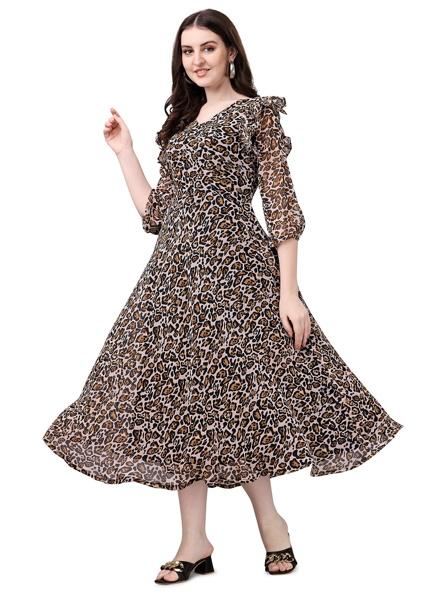 Fashion2Wear WomenS Georgette Midi Dress With Round Neck Floral Printed A Line Style Knee Length 3/4Th Puff Sleeves And Regular