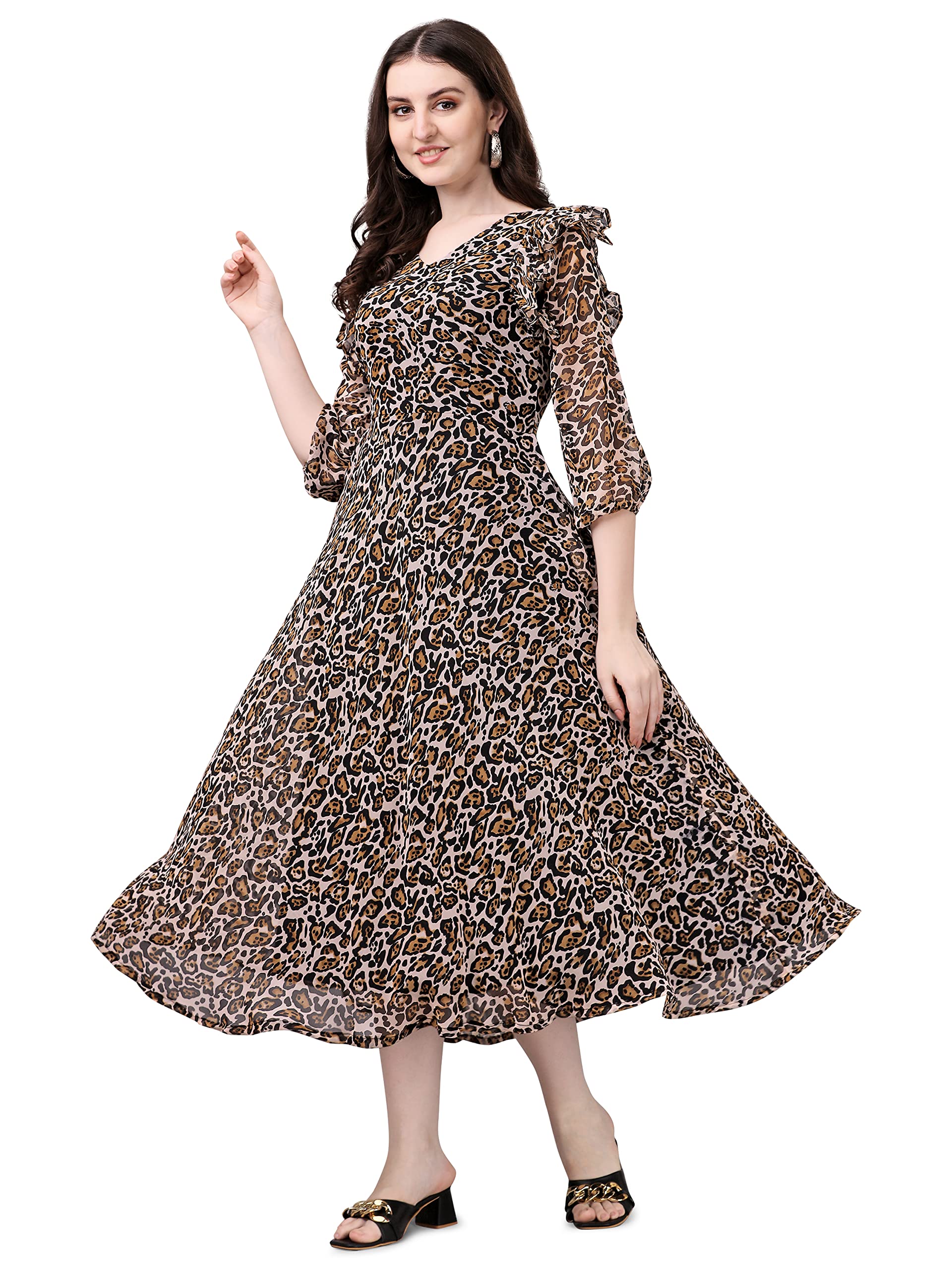 Fashion2Wear WomenS Georgette Midi Dress With Round Neck Floral Printed A Line Style Knee Length 3/4Th Puff Sleeves And Regular
