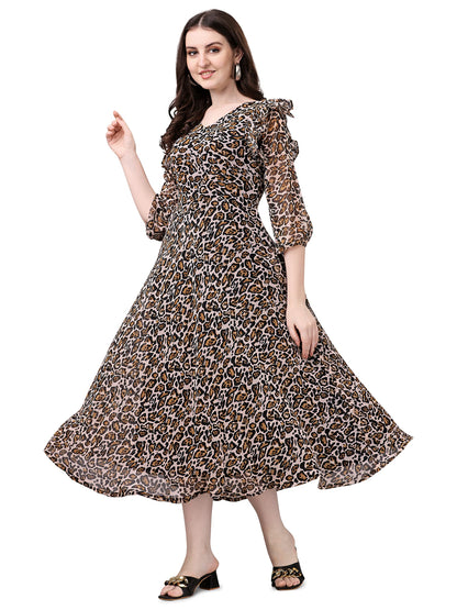 Fashion2Wear WomenS Georgette Midi Dress With Round Neck Floral Printed A Line Style Knee Length 3/4Th Puff Sleeves And Regular