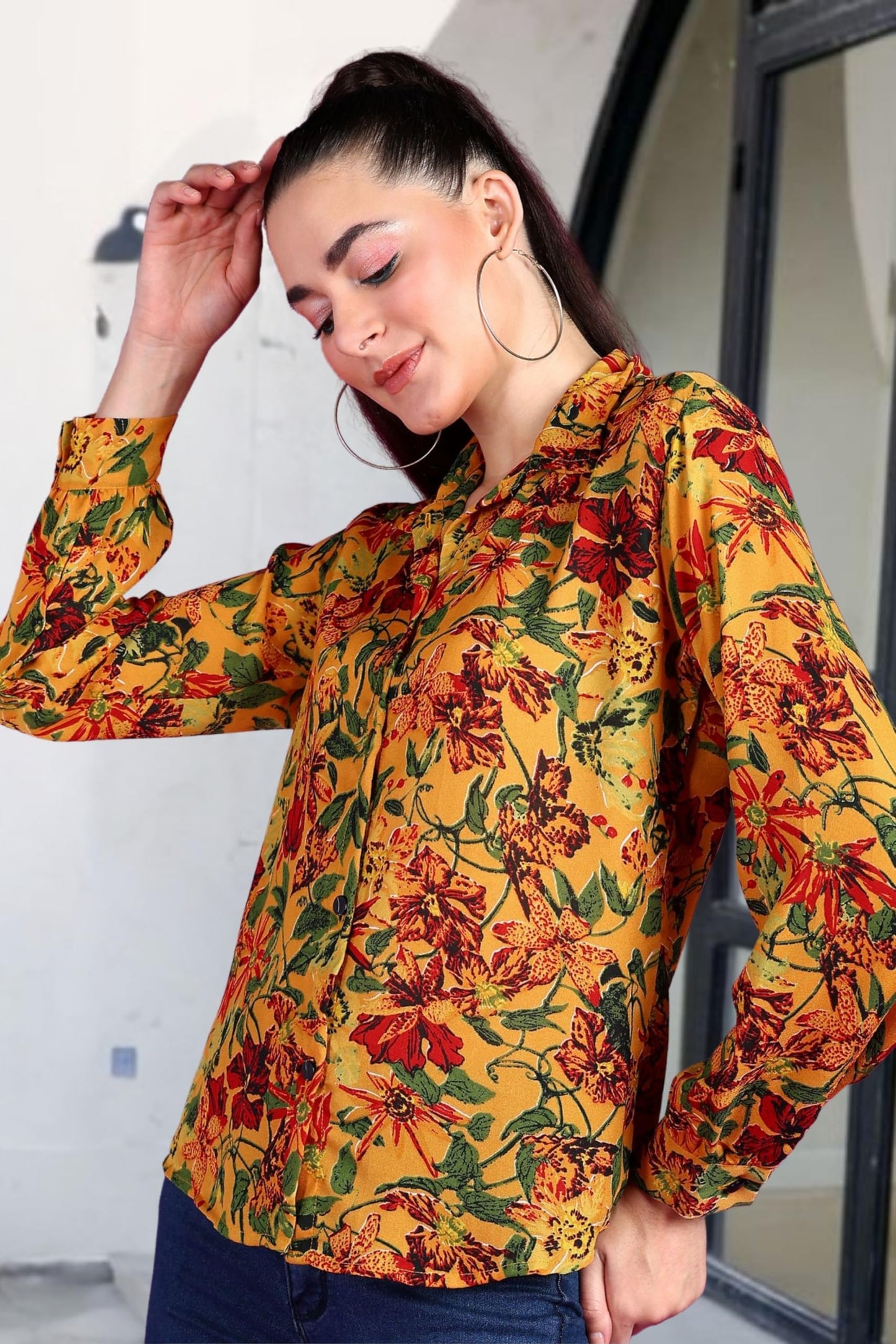 POPWINGS Printed Full-Sleeves Regular-Fit Polyester Printed Shirt for Women Stylish Western Casual Wear