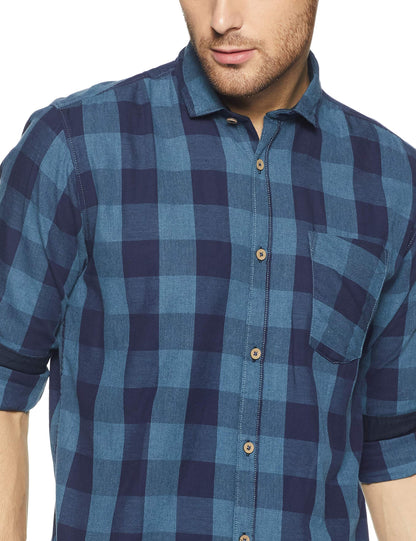 Campus Sutra Mens Navy Blue Checkered Button Up Shirt Regular Fit for Casual Wear | Structured Shirt Crafted with Regular Full