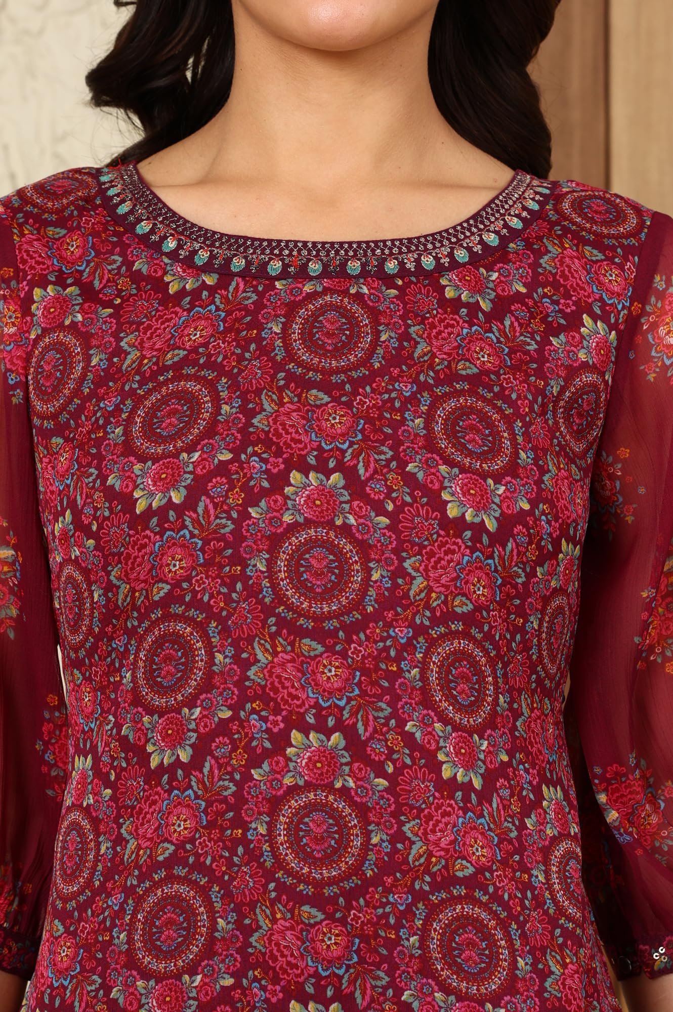 Wine Floral Printed Dori Embroidered Chiffon Kurta with Attached Lining