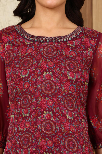 Wine Floral Printed Dori Embroidered Chiffon Kurta with Attached Lining