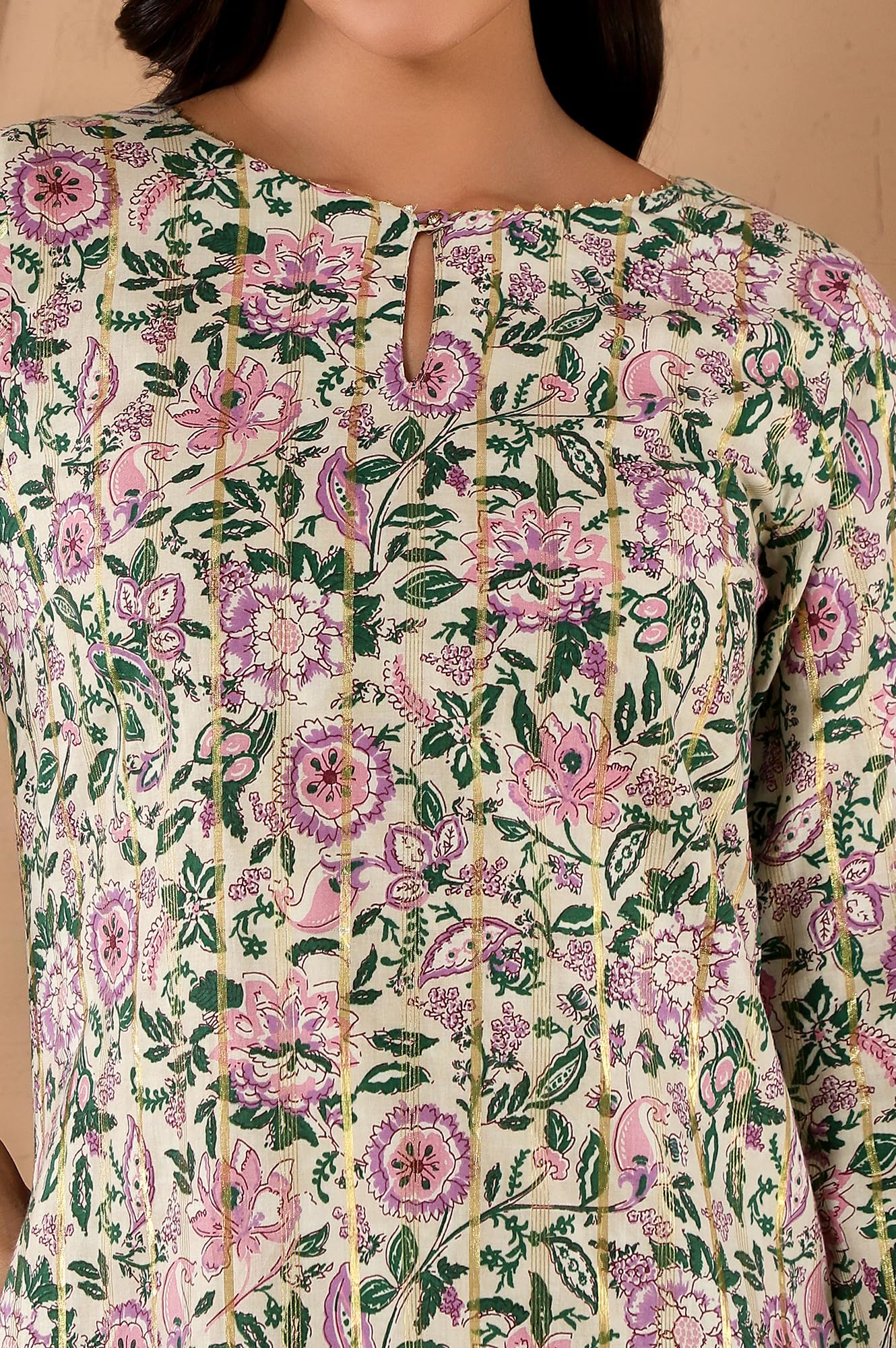 W For Woman Off-W For Womanhite Floral Printed Gota Embellished Cotton Straight Long Kurta