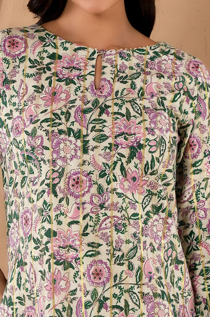 W For Woman Off-W For Womanhite Floral Printed Gota Embellished Cotton Straight Long Kurta